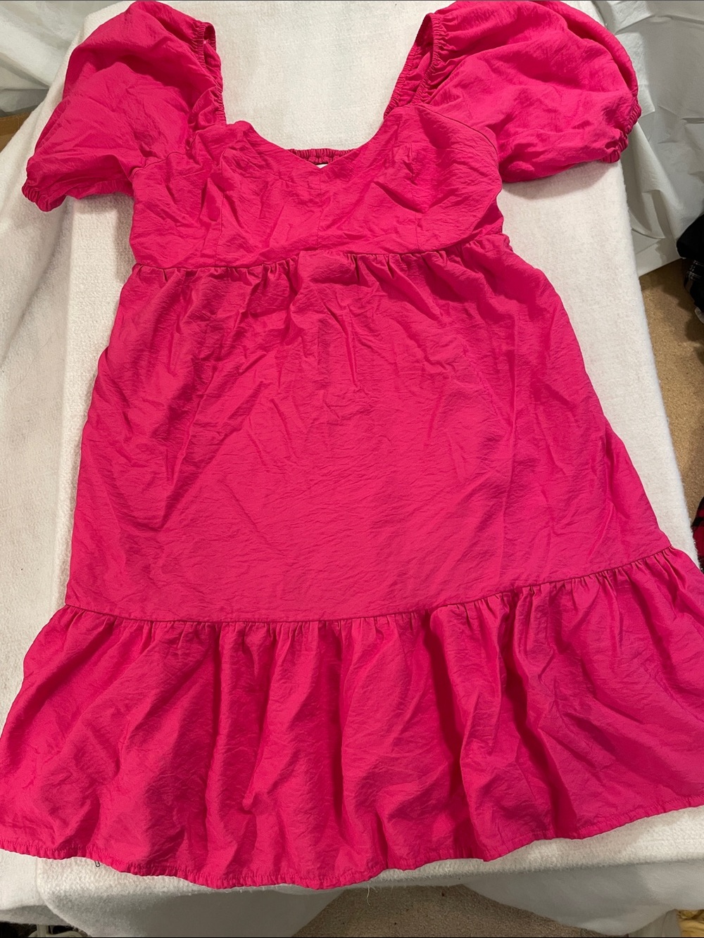 Nine West Bright Hot Pink Puff-Sleeve Midi Dress